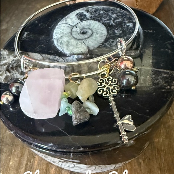 Silver Charm Bracelet with Pink quartz hematite amazonite Stone and Key - Picture 1 of 2
